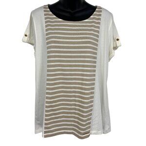 Anne Klein Women Blouse Top XL Stripe White Tan Khaki Short Sleeve Scoop New